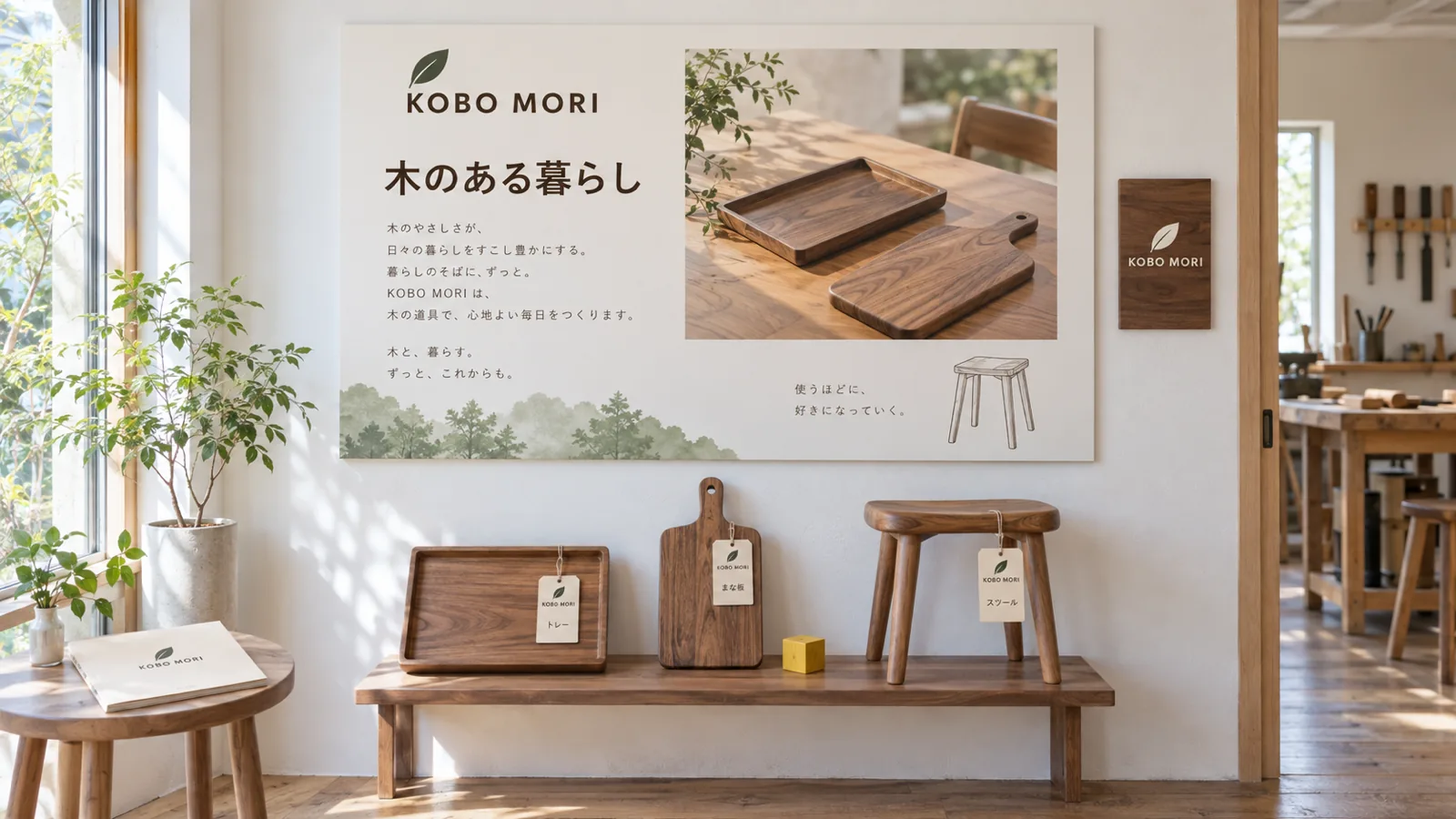 木工家具工房のショールームの壁に掛けた製品紹介パネルと、台に並ぶ木のトレイ・まな板・スツールの見本