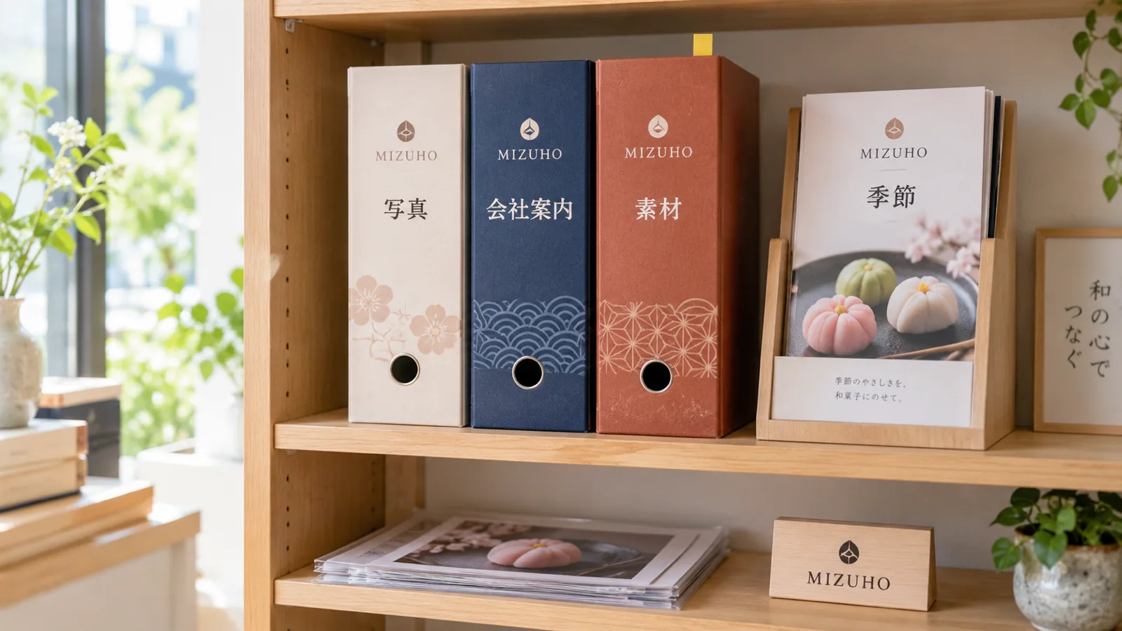 和菓子店の事務所の棚に、ホームページ用の素材を種類別に分けた箱ファイルが並んでいる様子