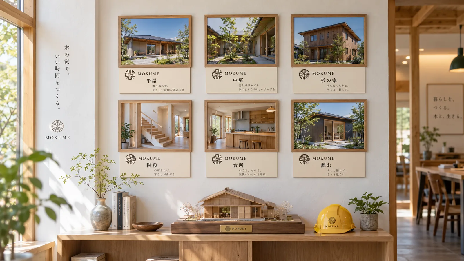工務店の事務所の壁に、完成した住宅の写真パネルが並び、下の棚に家の模型が置かれている