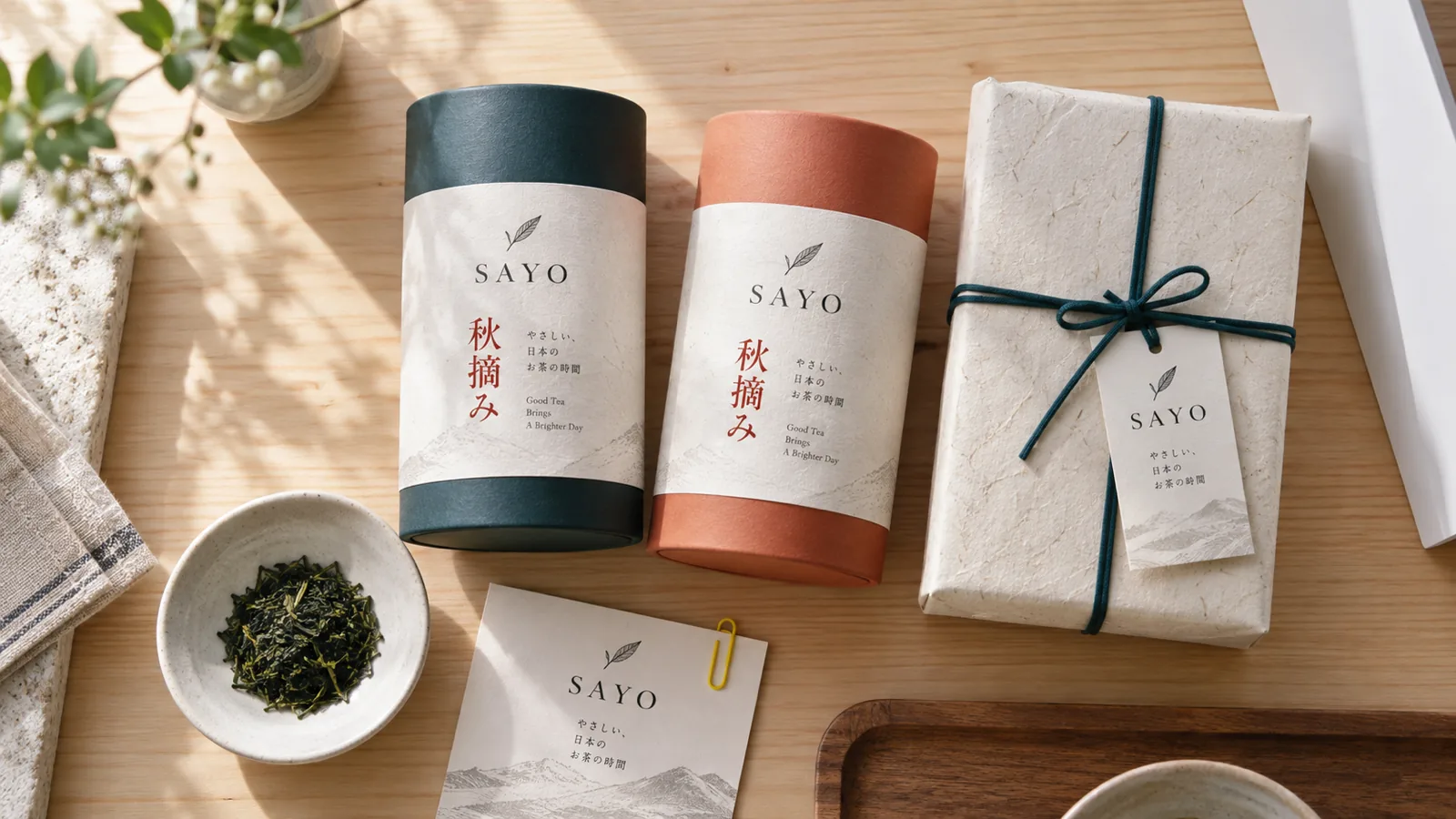 日本茶の専門店の作業台を上から見た様子。新しい商品の茶缶と包みが、撮影のために並べてある